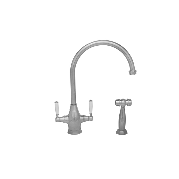 Whitehaus Dual Handle Faucet W/ Long Gooseneck Spout, Porcelain Lvr Handles And B WHQNP-34650-PN